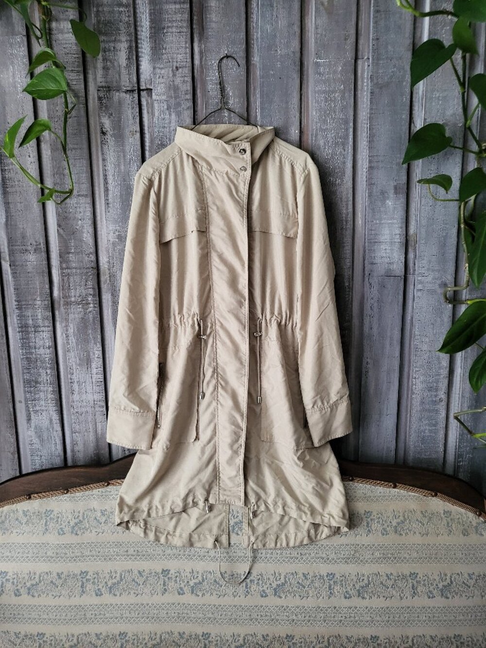 Tan Lightweight Utility Parka Jacket Collar Pockets Small PTP 20"